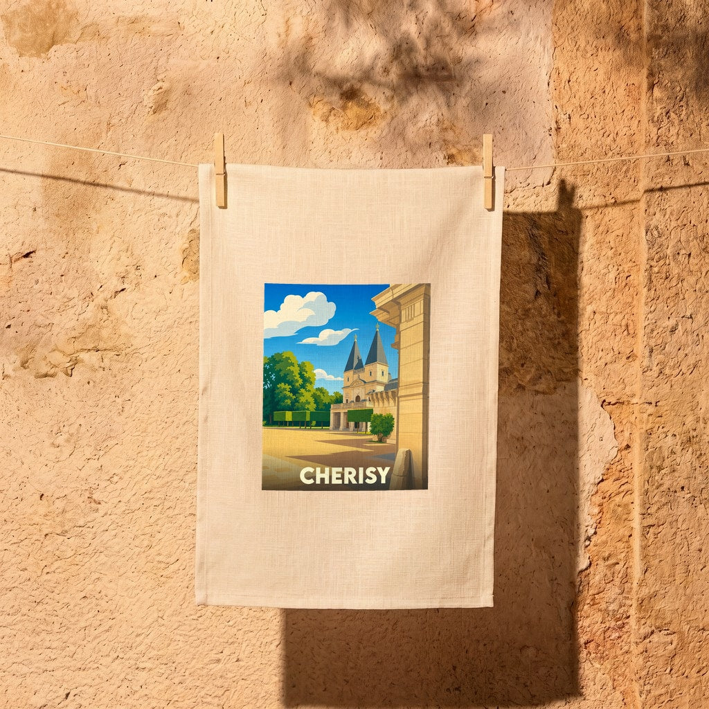 Torchon souvenir de la ville de Cherisy avec une illustration stylisée.