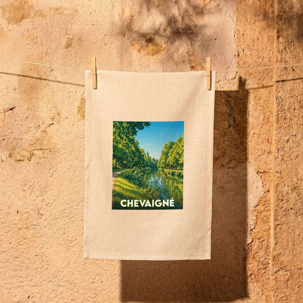 Torchon souvenir de la ville de Chevaigné illustré d'un paysage de canal verdoyant.