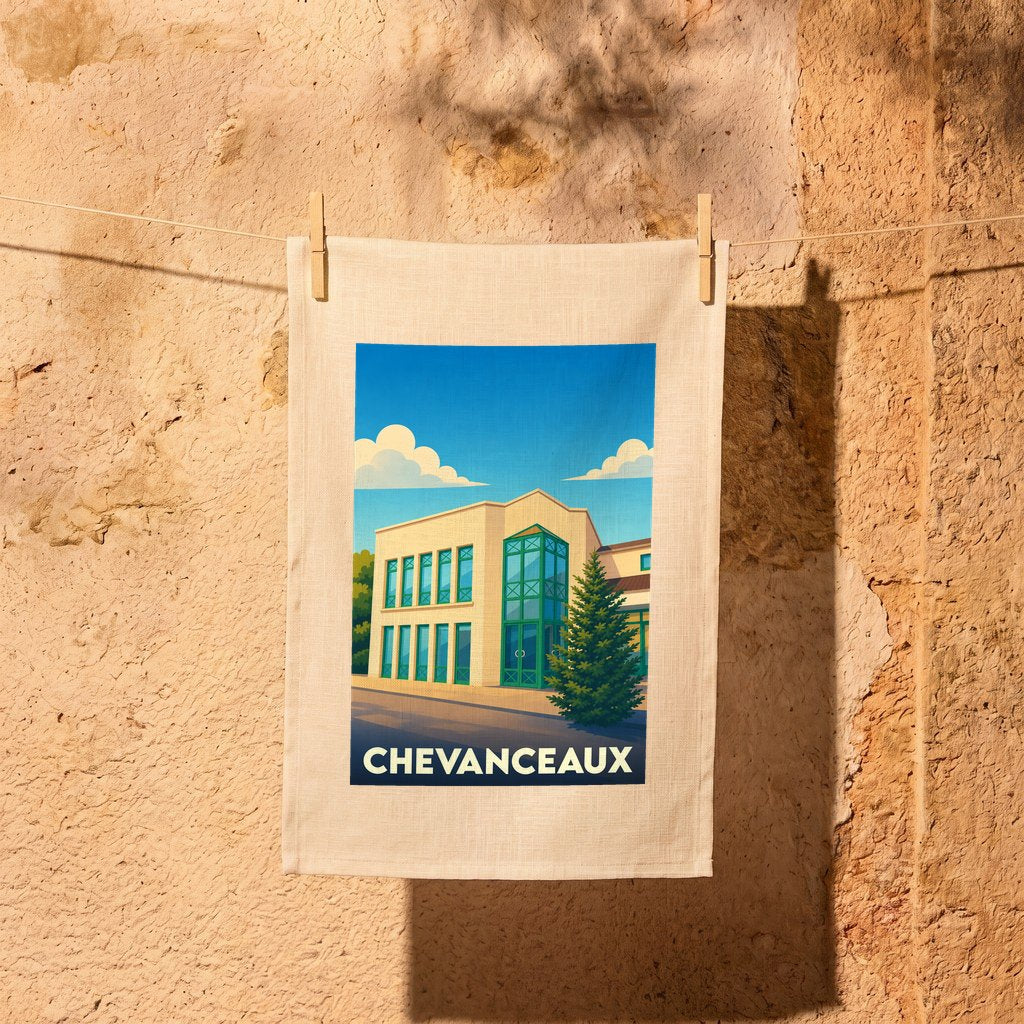 Torchon souvenir de la ville de Chevanceaux illustré d'un bâtiment moderne sous un ciel azur.