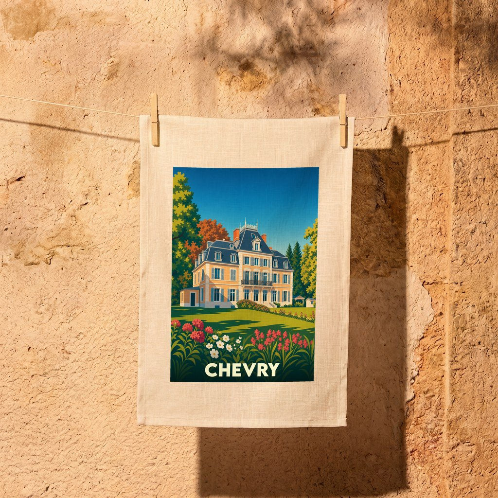 Torchon souvenir de la ville de Chevry orné d'une illustration stylisée d'un château.