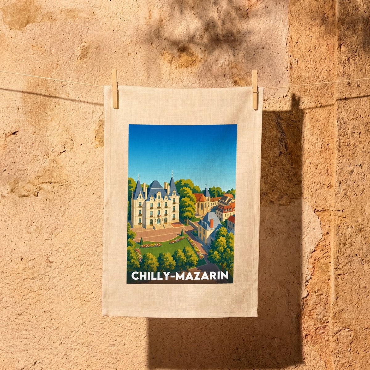 Torchon souvenir de la ville de Chilly-Mazarin avec une illustration stylisée.