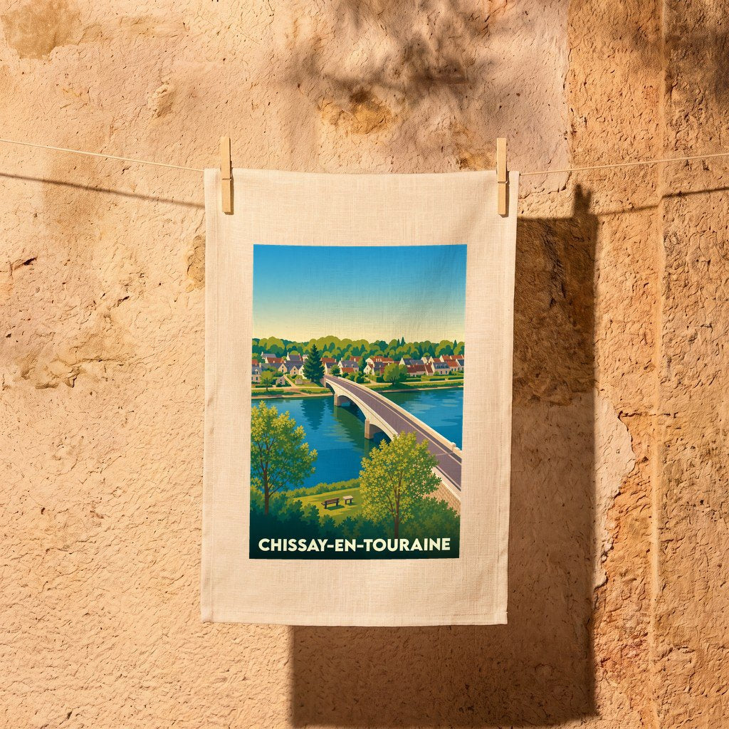 Torchon souvenir de la ville de Chissay-en-Touraine avec une illustration stylisée de son pont traversant le Cher.
