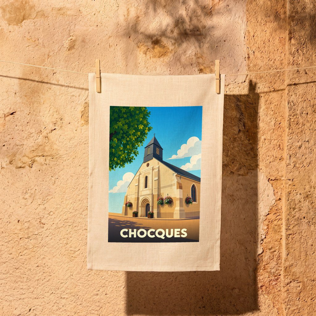 Torchon souvenir de la ville de Chocques avec une illustration stylisée de son église.