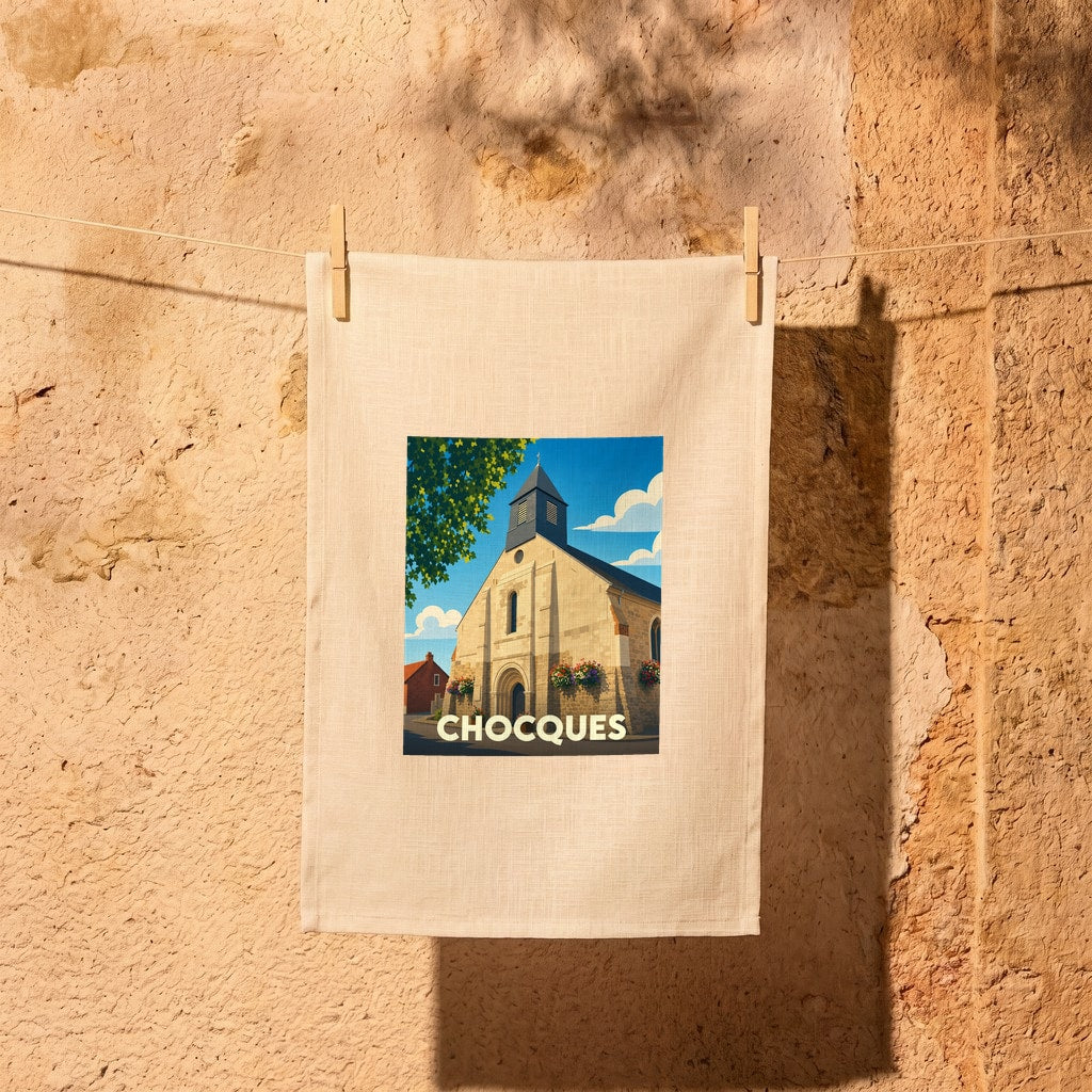 Torchon souvenir de la ville de Chocques avec une illustration stylisée de son église.
