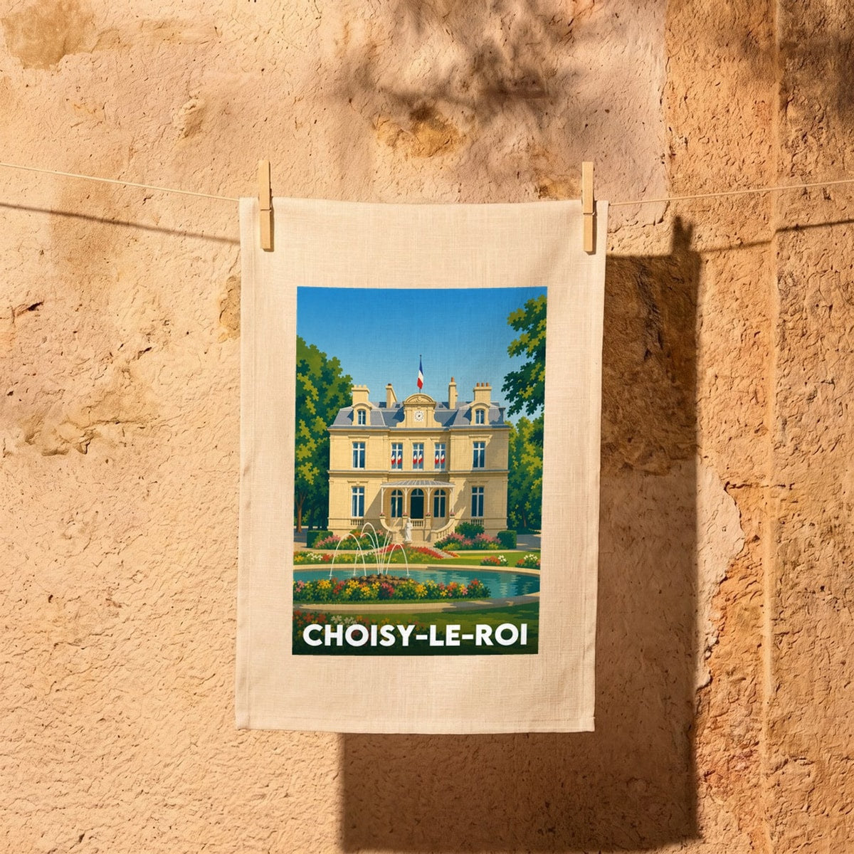 Torchon souvenir de la ville de Choisy-le-Roi avec une illustration stylisée d'un bâtiment classique.