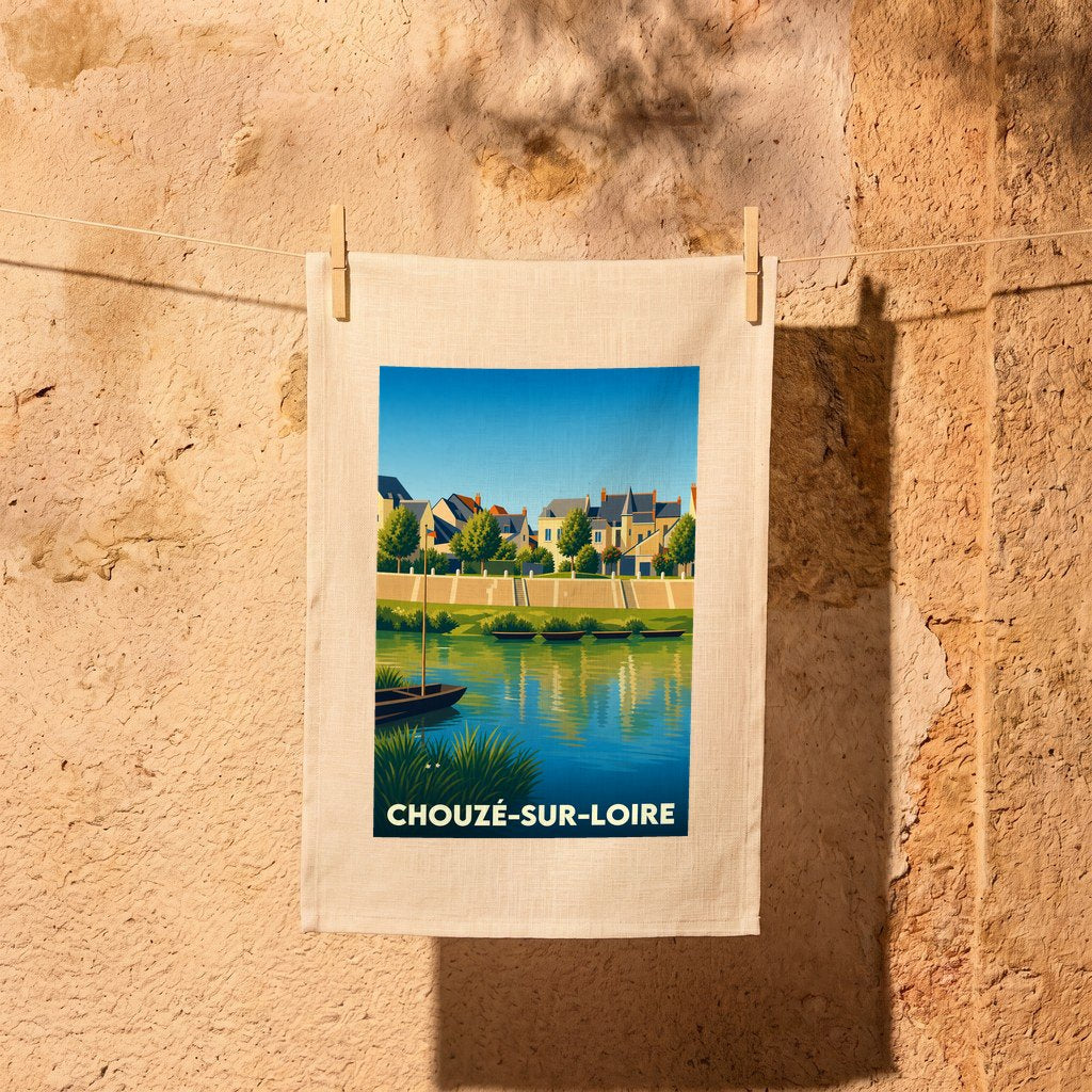 Torchon souvenir de Chouzé-sur-Loire avec une illustration stylisée des bords de Loire.