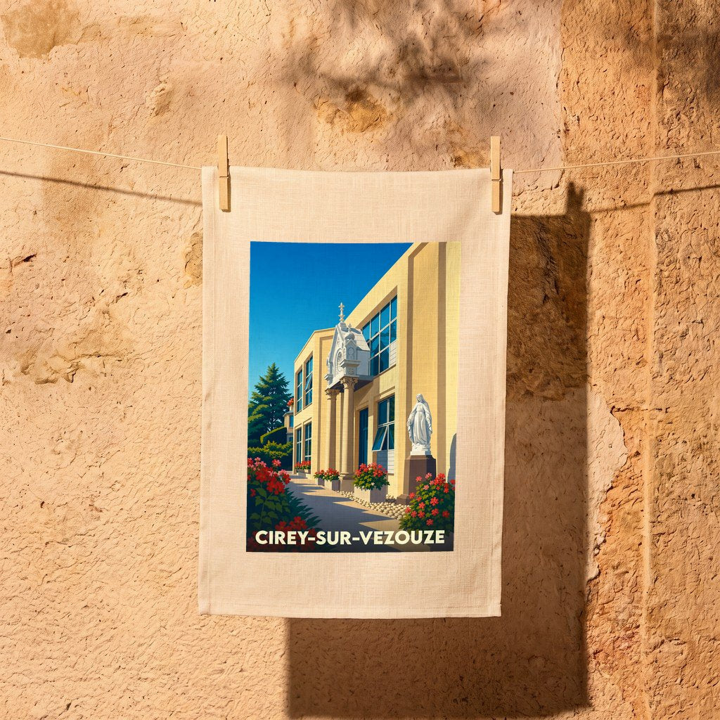 Torchon souvenir de la ville de Cirey-sur-Vezouze avec une illustration stylisée d'un bâtiment emblématique.