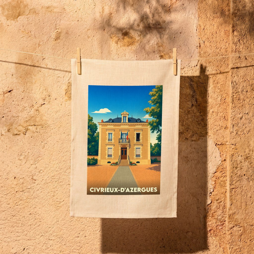 Torchon souvenir de la ville de Civrieux-d'Azergues avec une illustration stylisée de sa mairie.