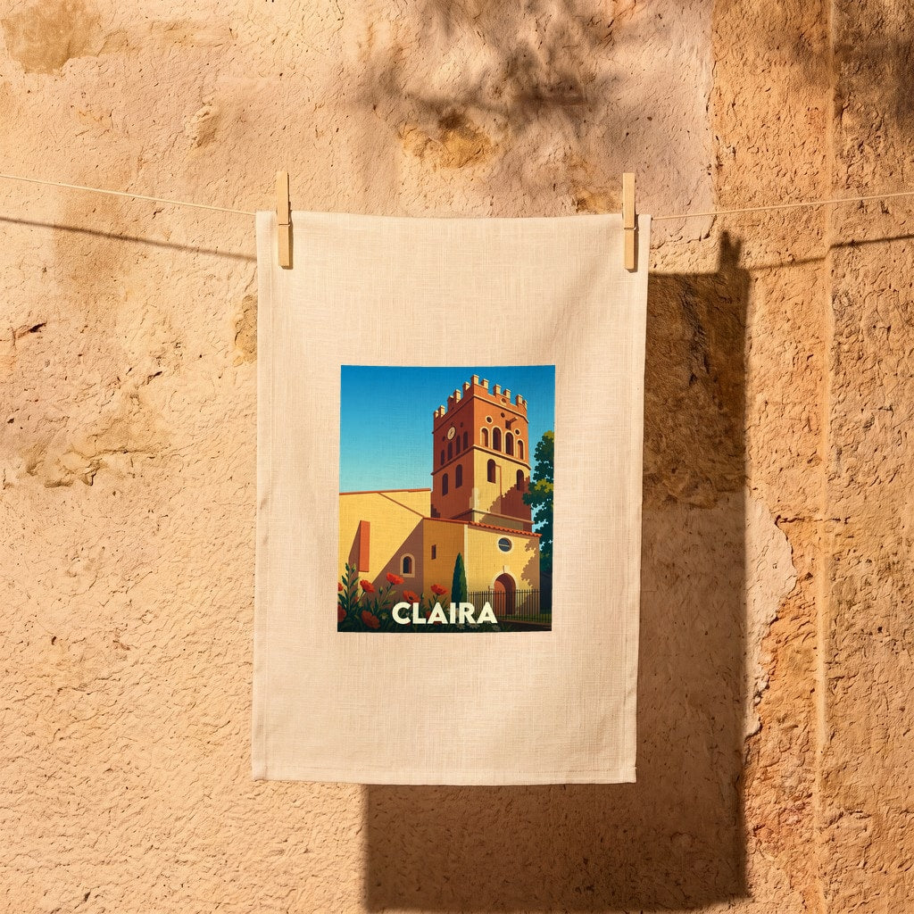 Torchon souvenir de la ville de Claira avec une illustration stylisée d'une église sous un ciel bleu.