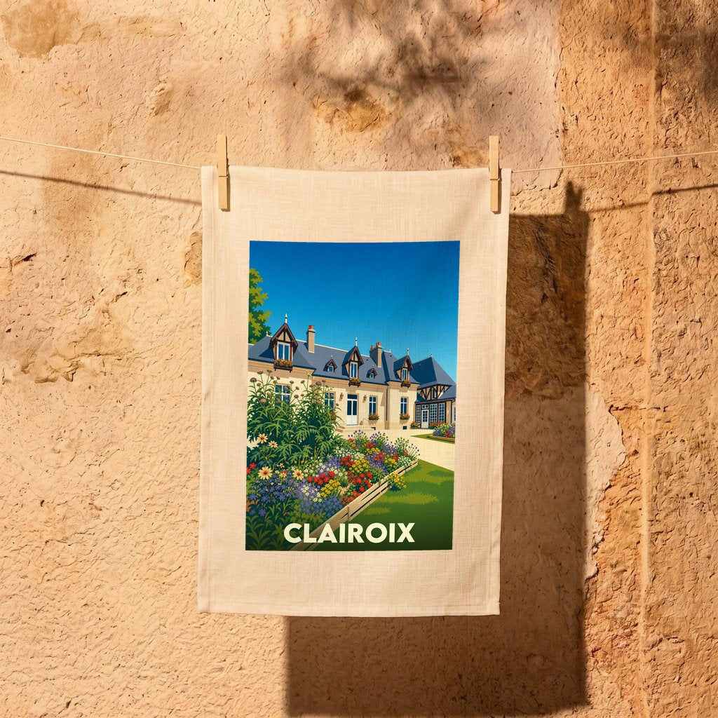 Torchon souvenir de la ville de Clairoix avec une illustration stylisée d'une maison de maître fleurie.