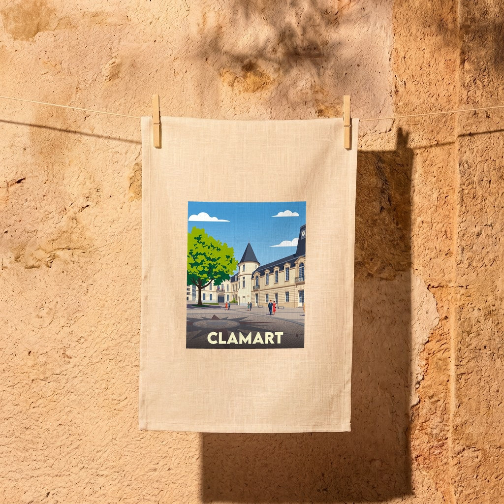 Torchon souvenir de la ville de Clamart avec une illustration stylisée de sa place centrale.
