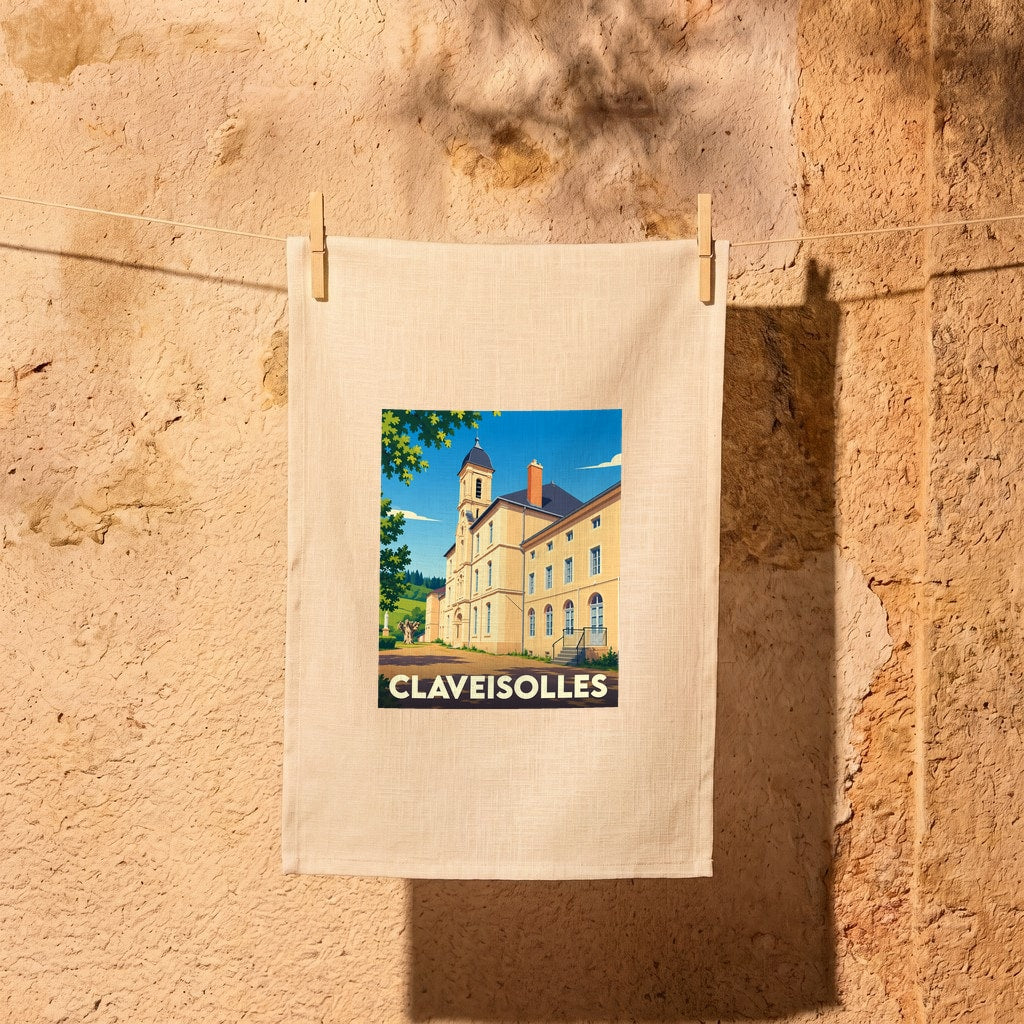 Torchon souvenir de la ville de Claveisolles avec une illustration stylisée d'un bâtiment historique.