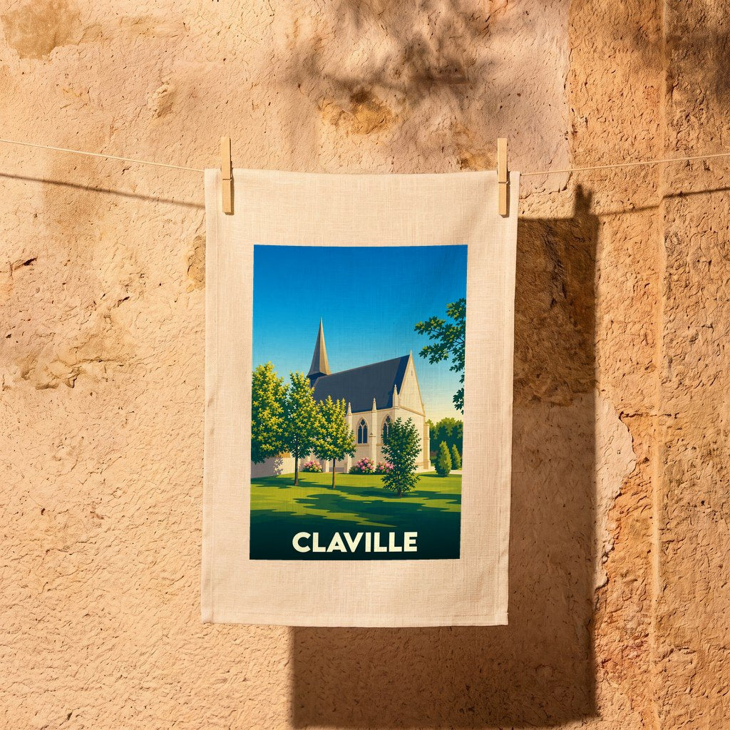 Torchon souvenir de la ville de Claville avec une illustration stylisée d'une église sous un ciel bleu.