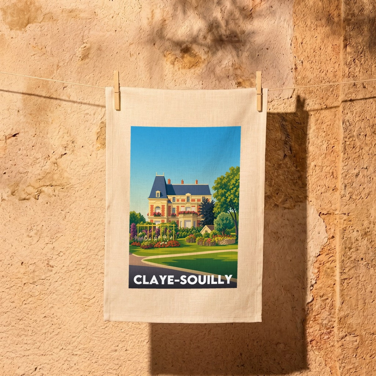 Torchon souvenir de la ville de Claye-Souilly avec une illustration stylisée.