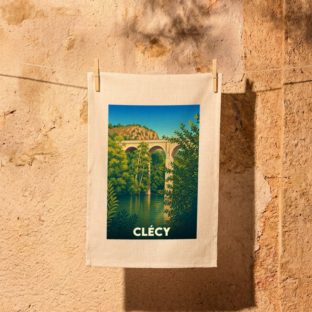 Torchon souvenir de la ville de Clécy avec une illustration stylisée de son célèbre viaduc.
