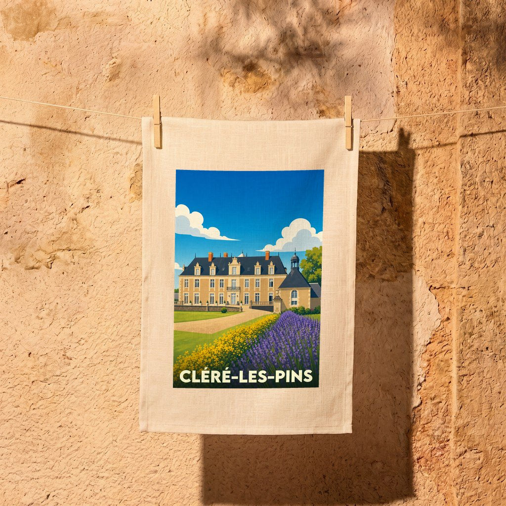 Torchon souvenir de la ville de Cléré-les-Pins avec une illustration stylisée d'un château.