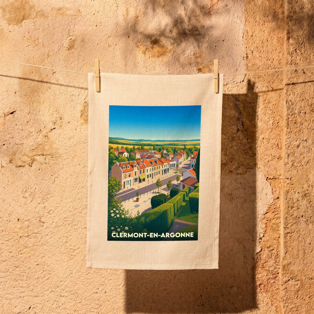 Torchon souvenir de la ville de Clermont-en-Argonne avec une illustration stylisée.