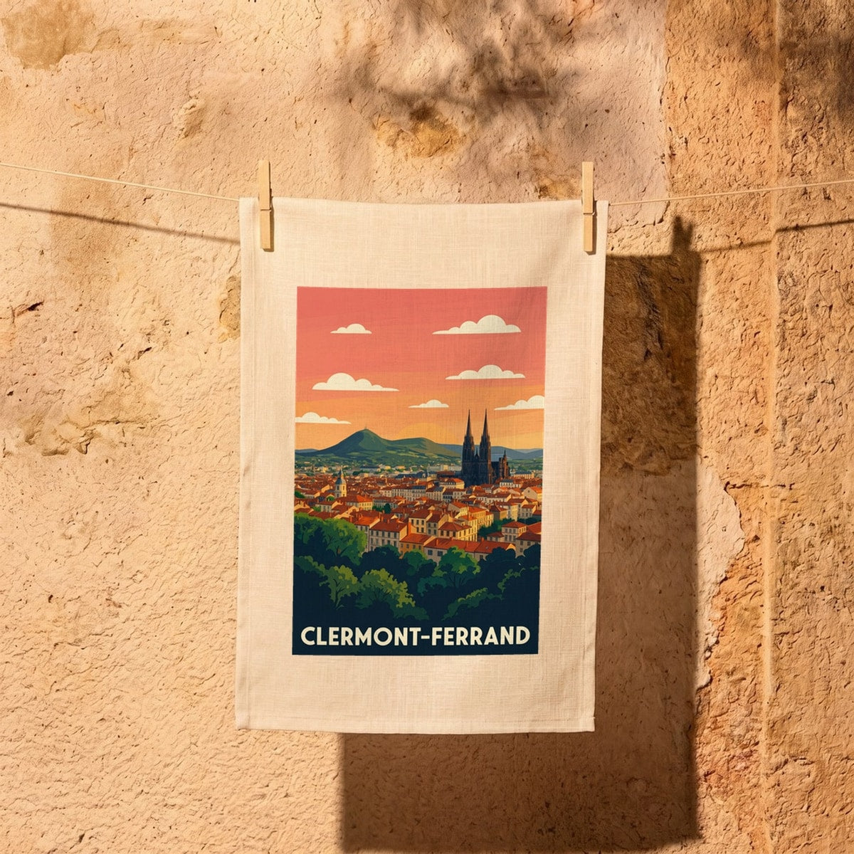 Torchon souvenir de la ville de Clermont-Ferrand orné d'une illustration stylisée de son paysage urbain et de ses montagnes.