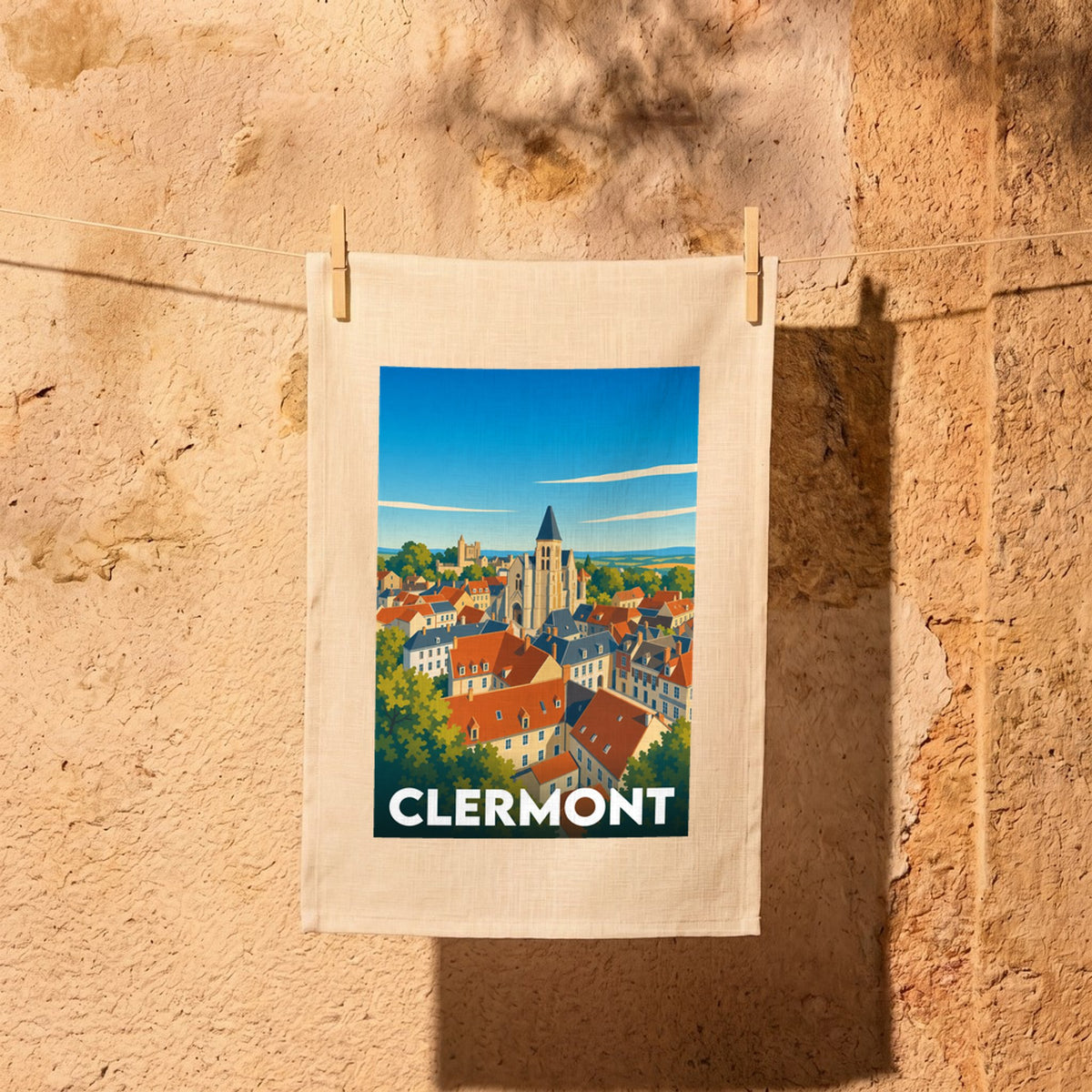 Torchon souvenir de la ville de Clermont avec une illustration stylisée de son architecture.