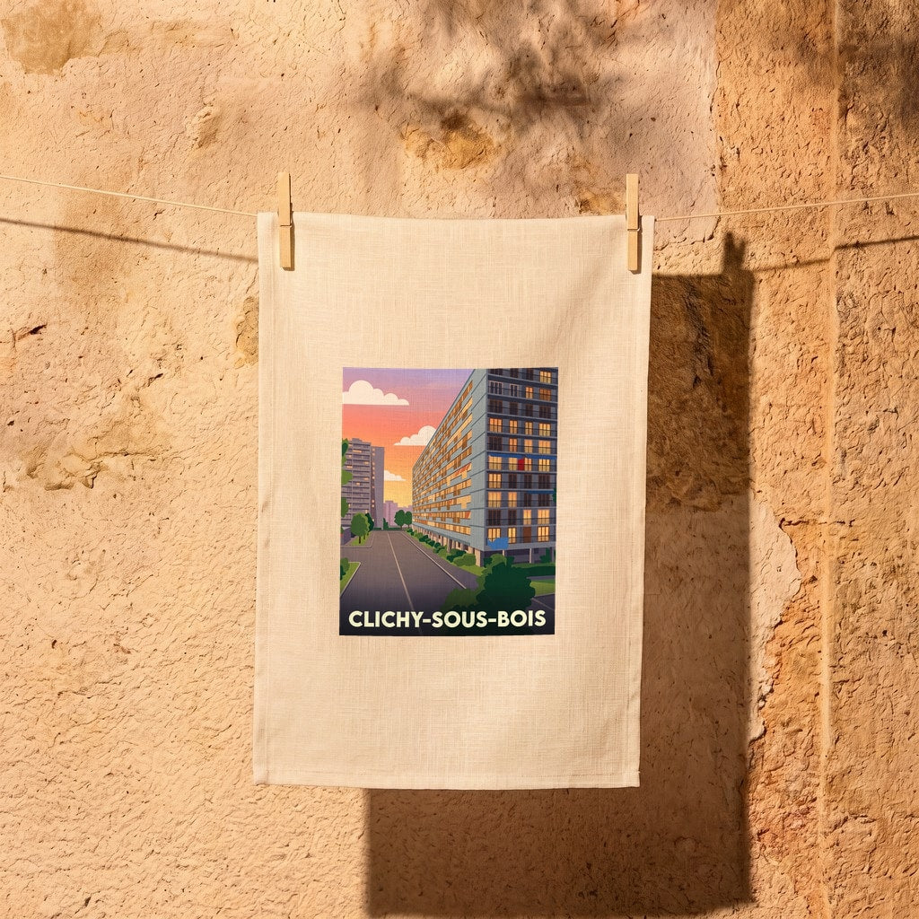Torchon souvenir de la ville de Clichy-sous-Bois avec une illustration stylisée de son paysage urbain.