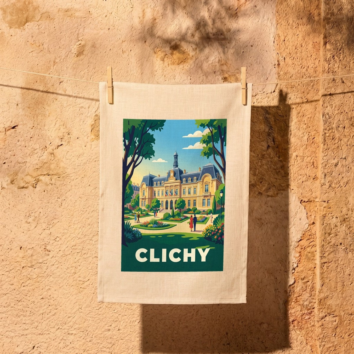 Torchon souvenir de la ville de Clichy avec une illustration colorée et stylisée.