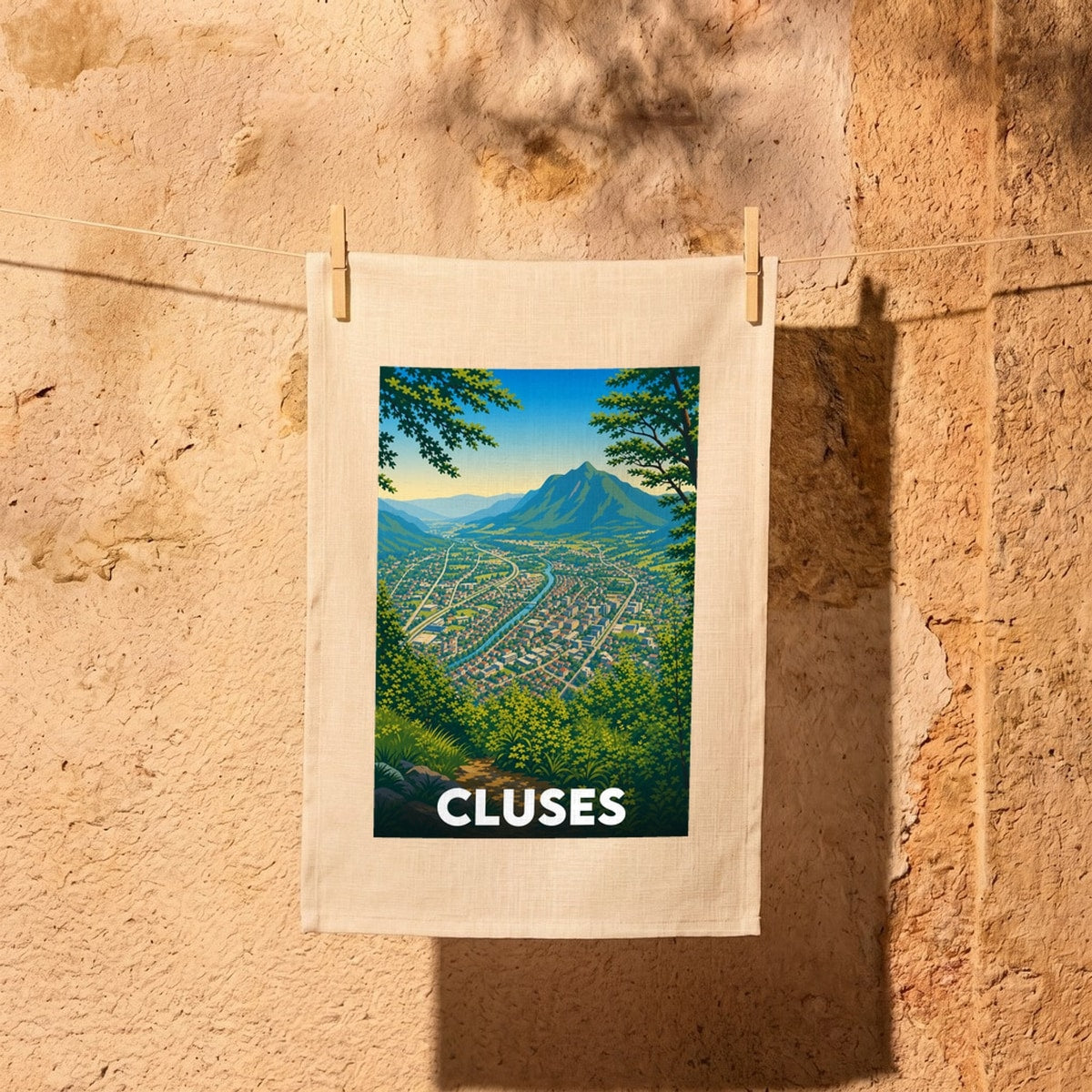 Torchon souvenir de la ville de Cluses avec une illustration stylisée de son paysage de montagne.