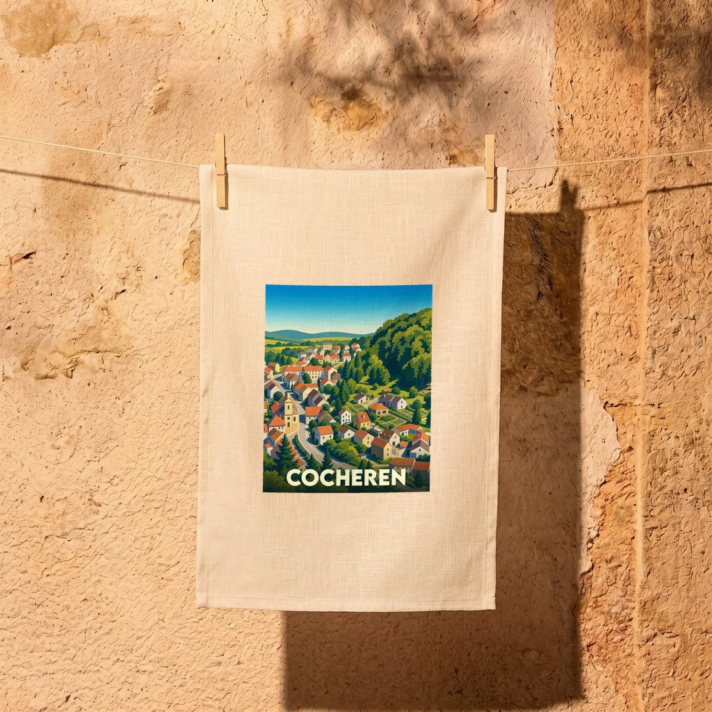 Torchon souvenir de la ville de Cocheren avec une illustration stylisée et colorée.