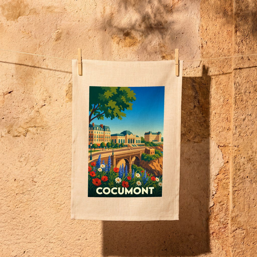 Torchon souvenir de la ville de Cocumont avec une illustration stylisée d'un paysage urbain.