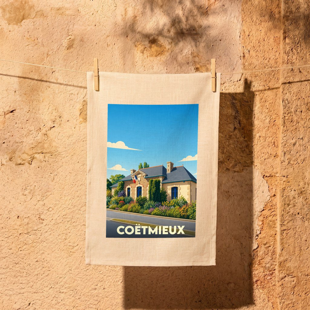 Torchon souvenir de la ville de Coëtmieux avec une illustration stylisée.
