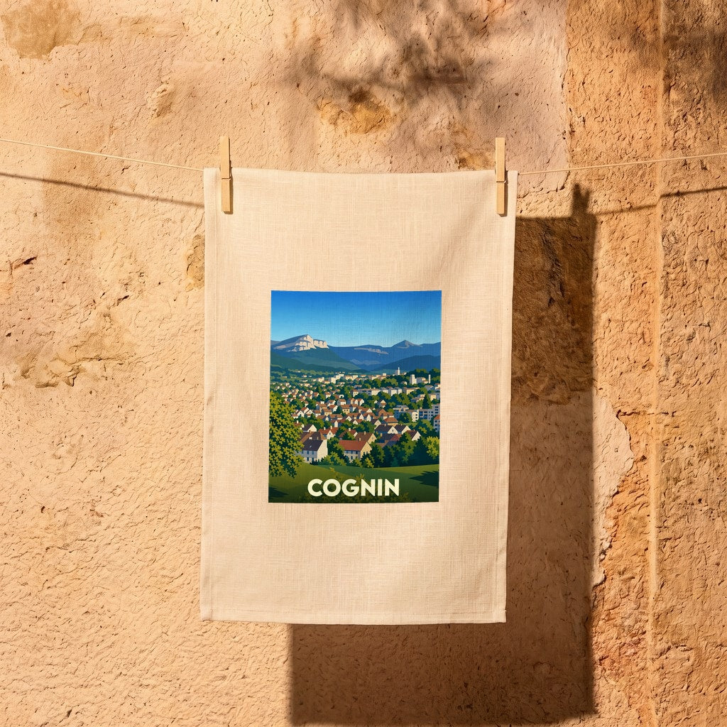 Torchon souvenir de la ville de Cognin illustré d'un paysage montagneux stylisé surplombant la ville.