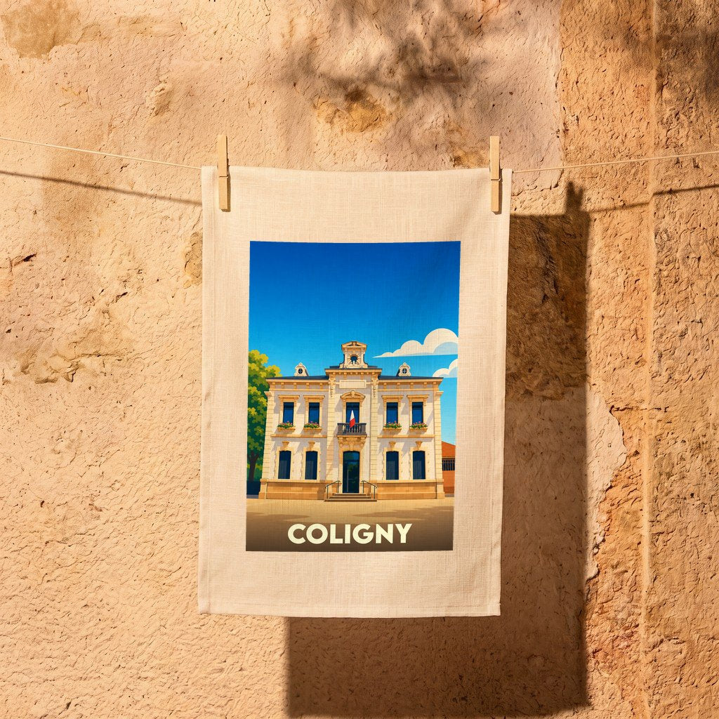 Torchon souvenir de la ville de Coligny avec une illustration stylisée de sa mairie.