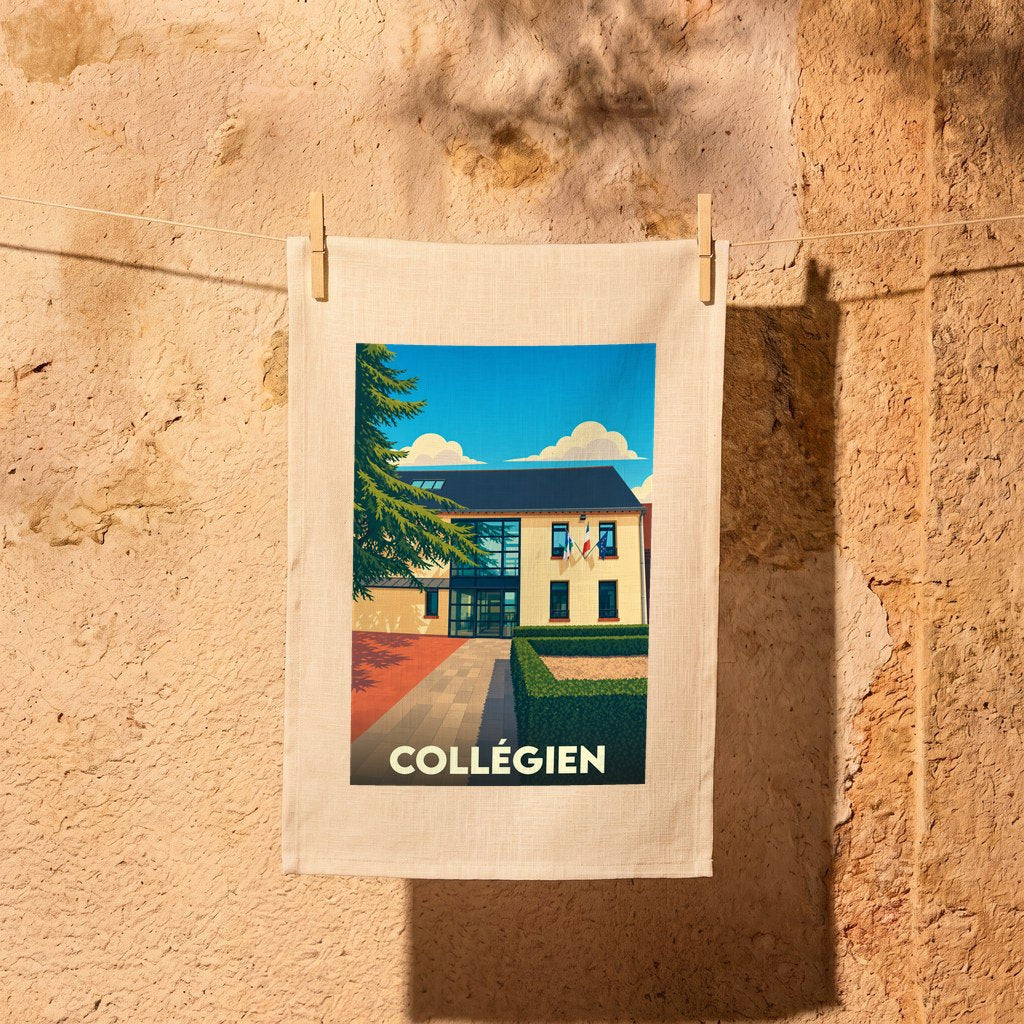 Torchon souvenir de la ville de Collégien avec une illustration stylisée de son architecture locale.