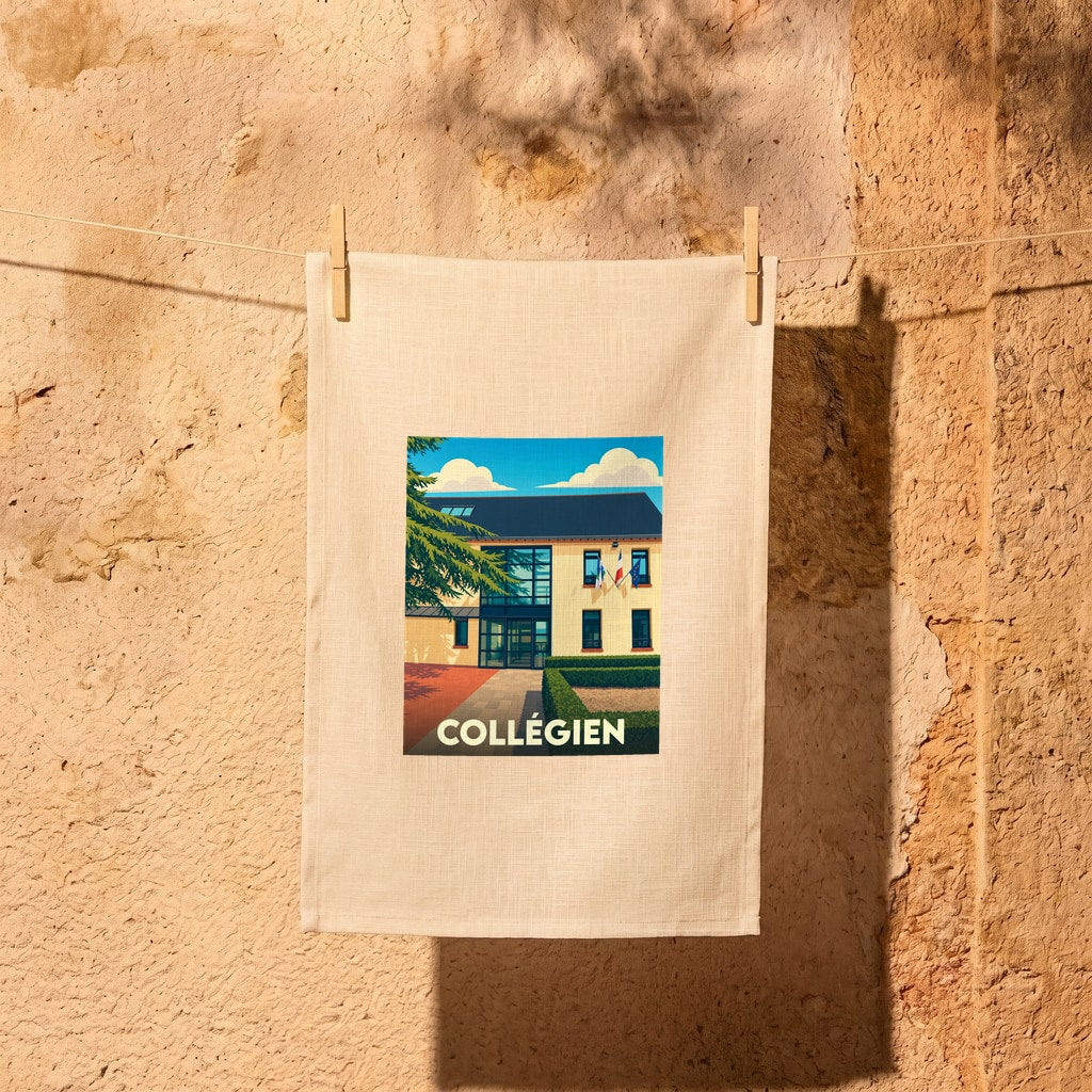 Torchon souvenir de la ville de Collégien avec une illustration stylisée de son architecture locale.