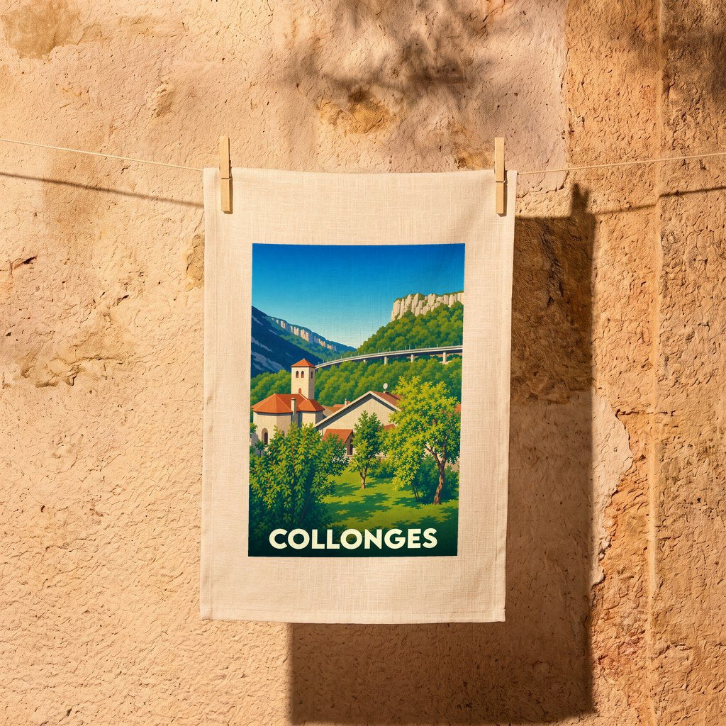 Torchon souvenir de la ville de Collonges avec une illustration stylisée.