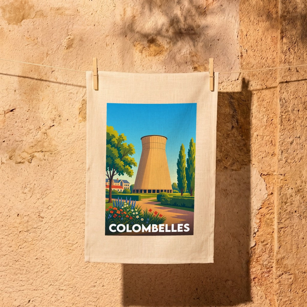 Torchon souvenir de la ville de Colombelles illustré d'un style rétro mettant en scène sa tour emblématique.
