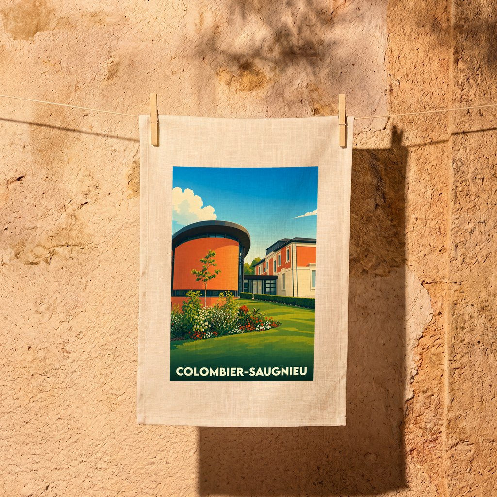 Torchon souvenir de la ville de Colombier-Saugnieu avec une illustration colorée et stylisée de ses bâtiments.