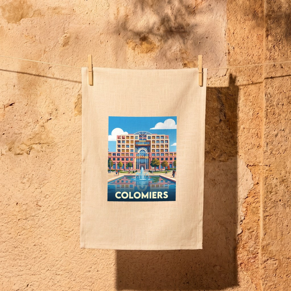 Torchon souvenir de la ville de Colomiers avec une illustration graphique stylisée de son paysage urbain et d'une fontaine.