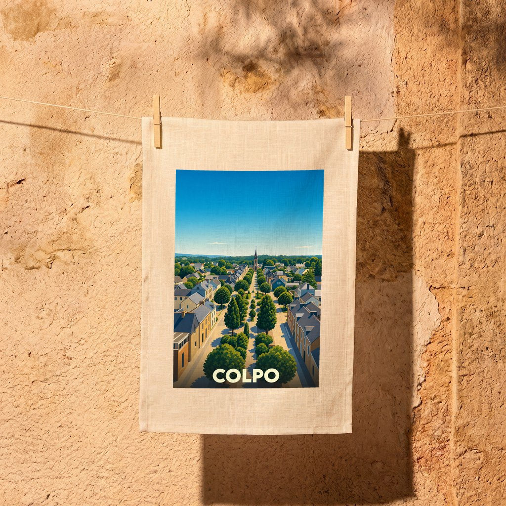 Torchon souvenir de la ville de Colpo avec une illustration stylisée.