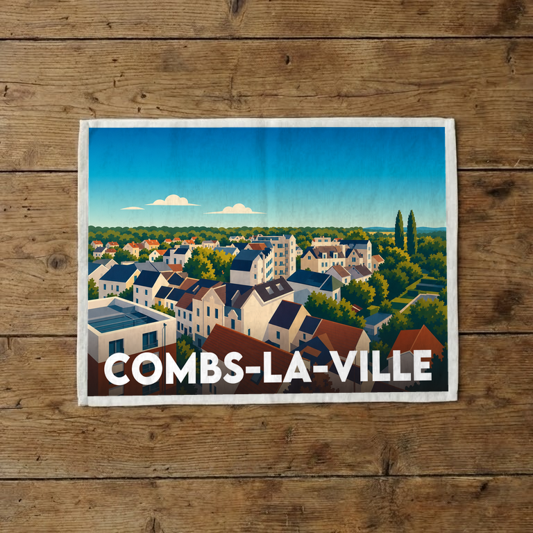Torchon souvenir de la ville de Combs-la-Ville avec une illustration stylisée de son paysage urbain.