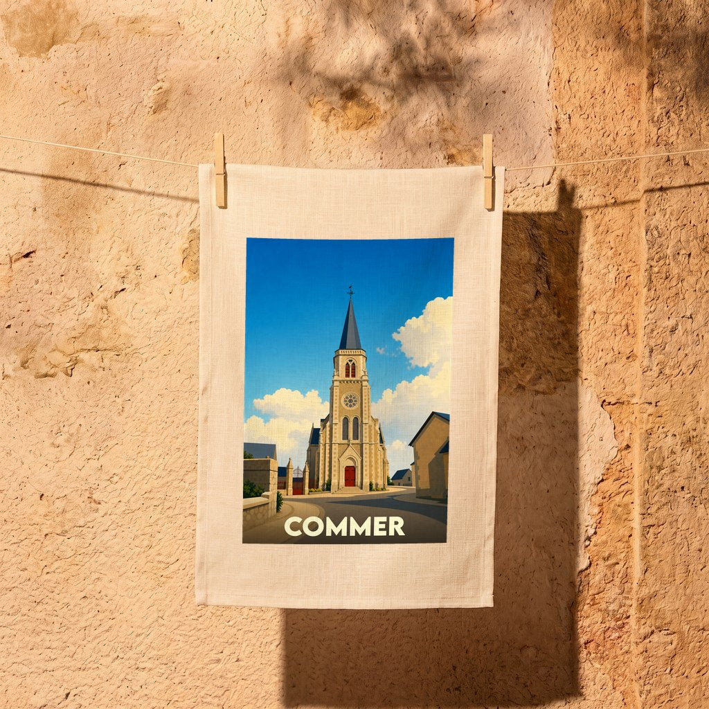 Torchon souvenir de la ville de Commer illustré par une vue stylisée de son église sous un ciel bleu.
