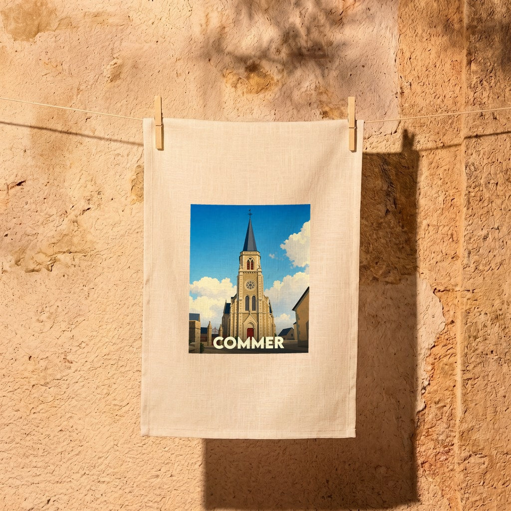 Torchon souvenir de la ville de Commer illustré par une vue stylisée de son église sous un ciel bleu.