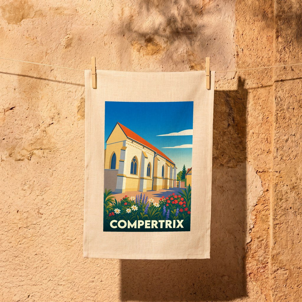 Torchon souvenir de la ville de Compertrix avec une illustration stylisée de son église et de fleurs.