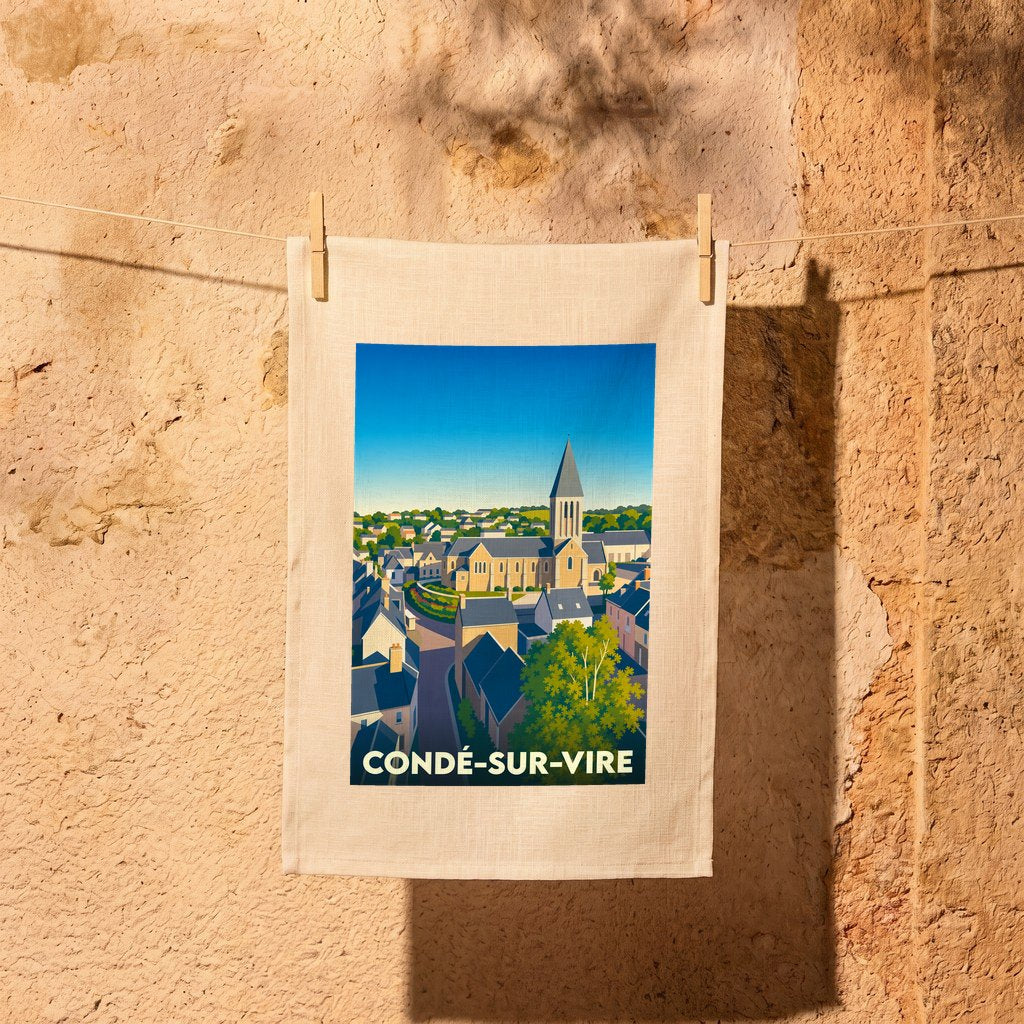 Torchon souvenir de la ville de Condé-sur-Vire avec une illustration stylisée.
