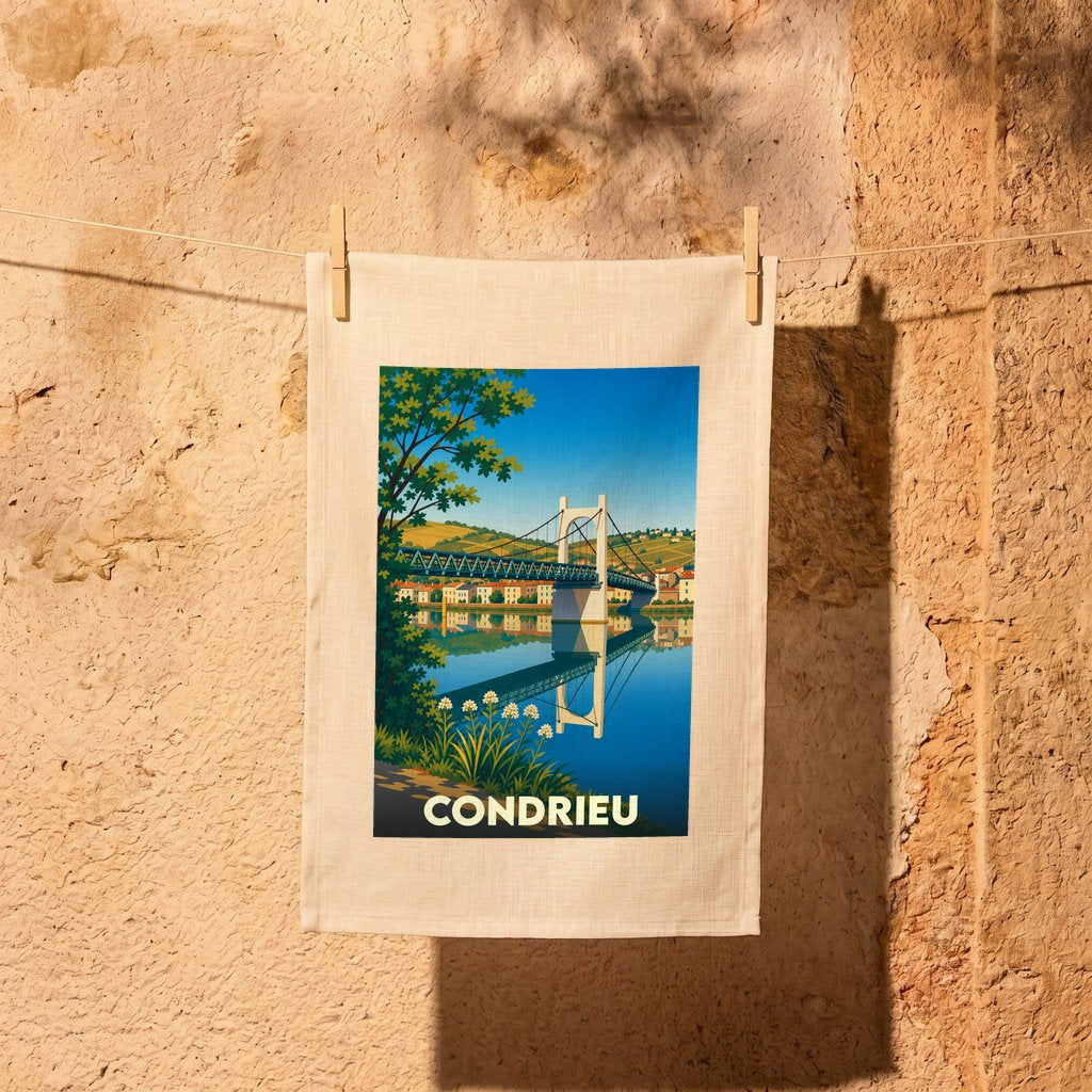 Torchon de cuisine souvenir de la ville de Condrieu avec une illustration stylisée de son pont suspendu.