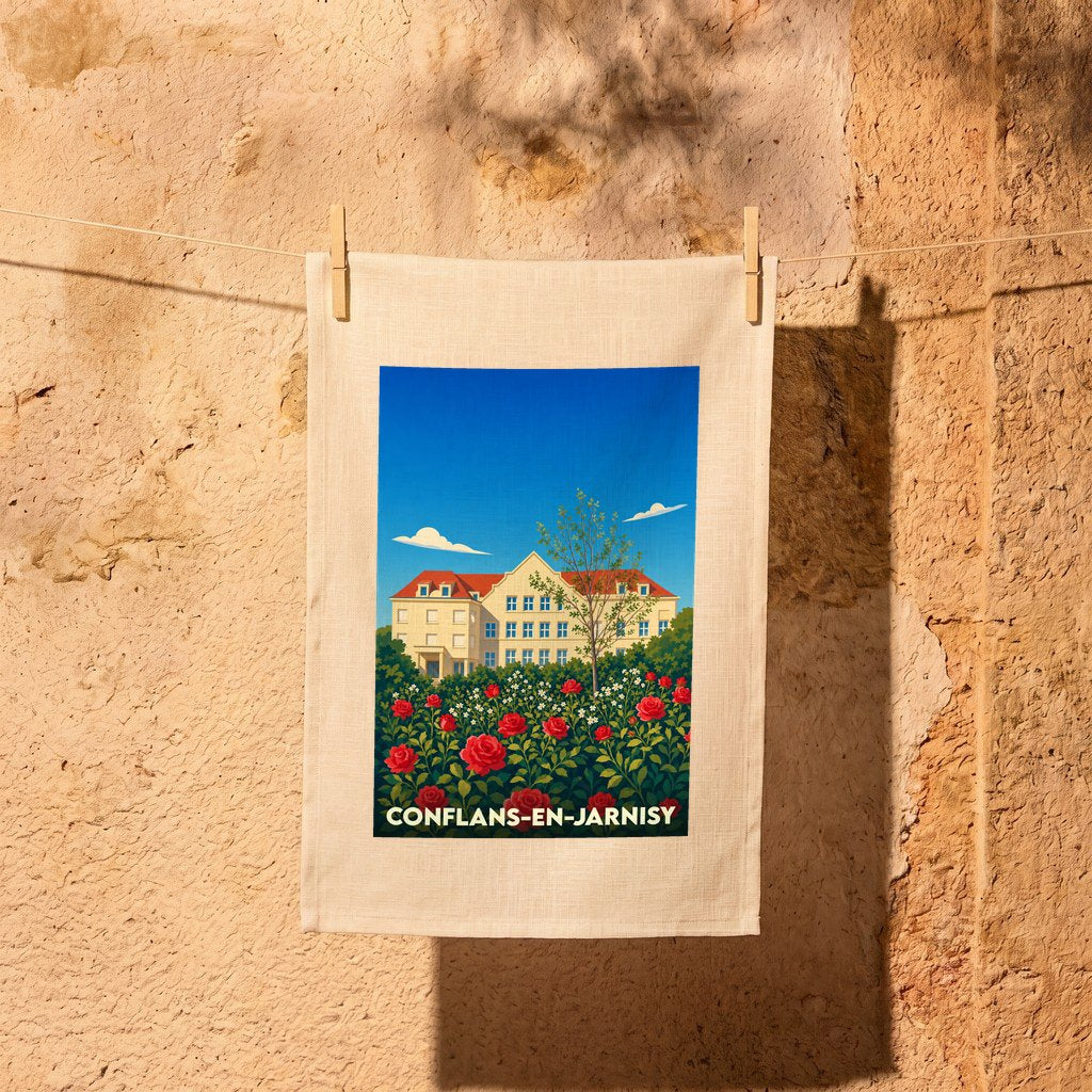 Torchon souvenir de la ville de Conflans-en-Jarnisy avec une illustration stylisée.
