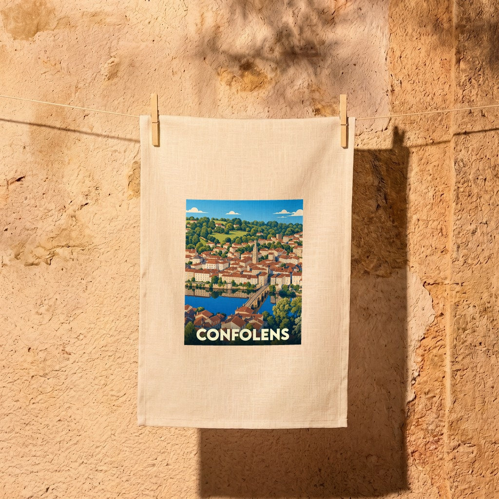 Torchon souvenir de la ville de Confolens avec une illustration stylisée d'un paysage urbain au bord de l'eau.