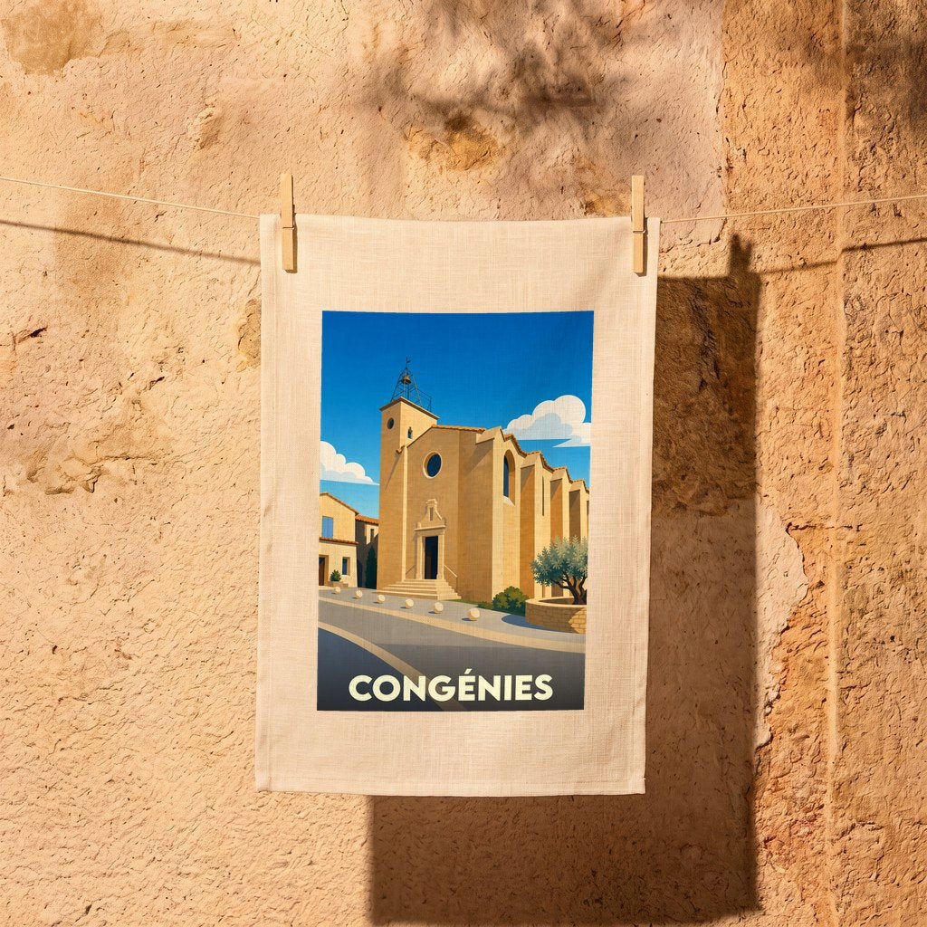 Torchon souvenir de la ville de Congénies avec une illustration stylisée de son église sous un ciel bleu.