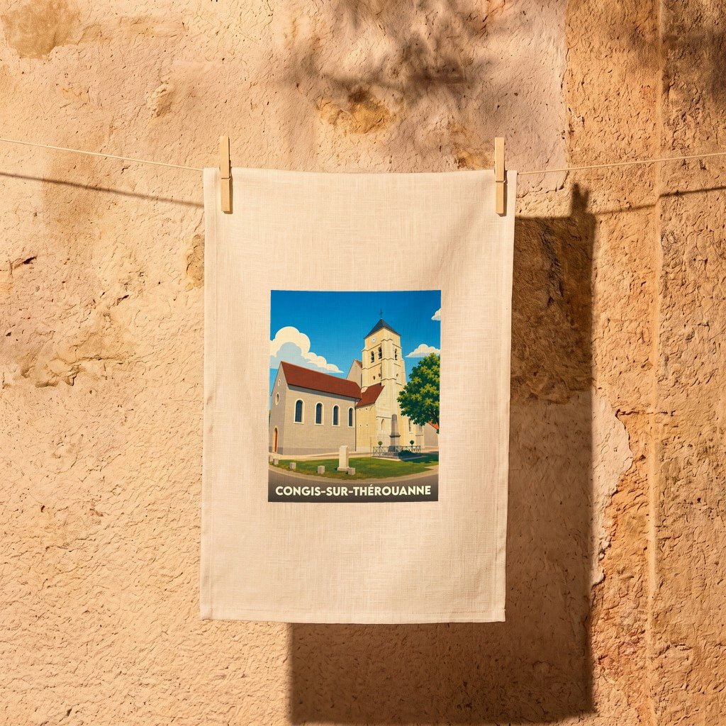 Torchon souvenir de la ville de Congis-sur-Thérouanne avec une illustration stylisée de son église.