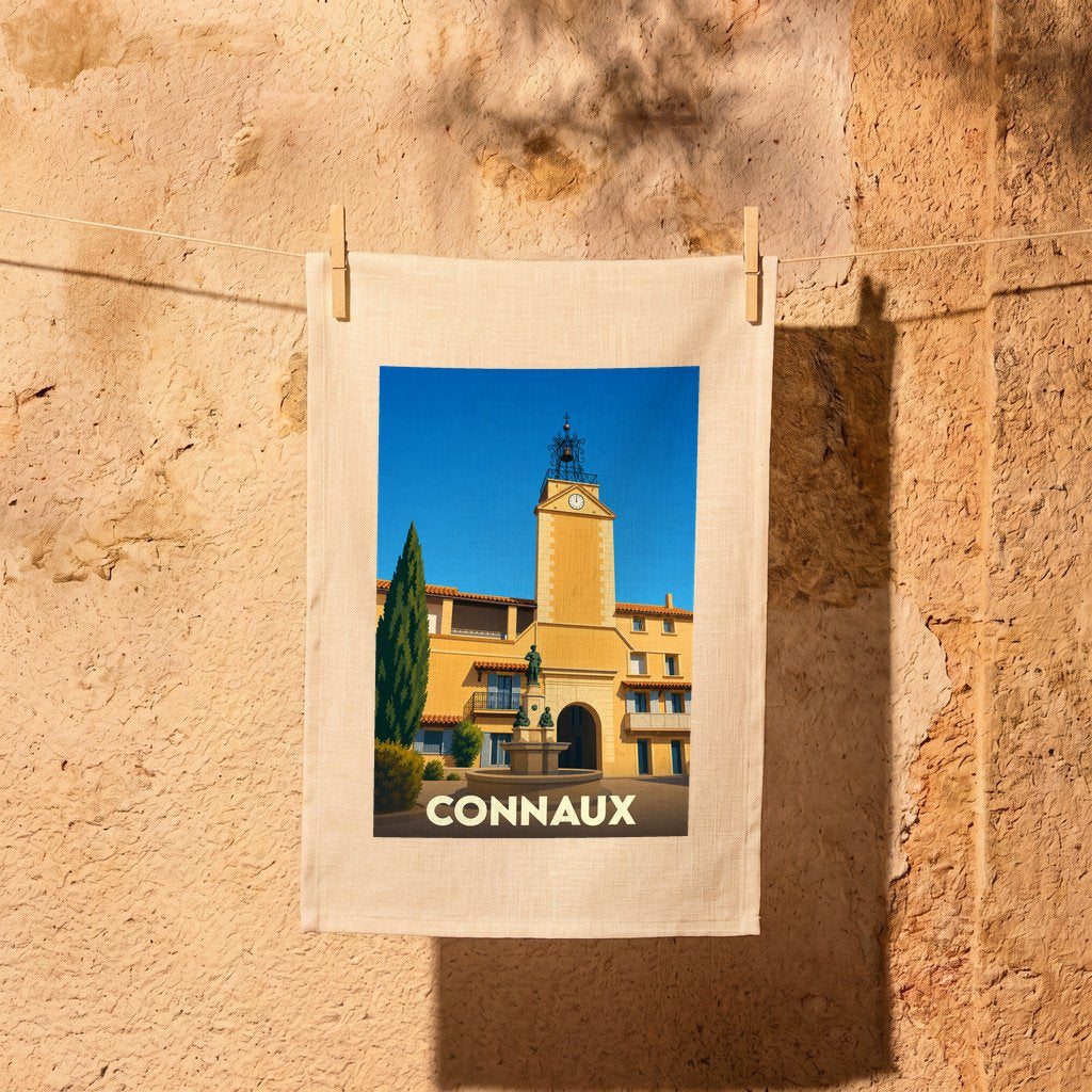 Torchon souvenir de la ville de Connaux illustré d'une scène urbaine ensoleillée.