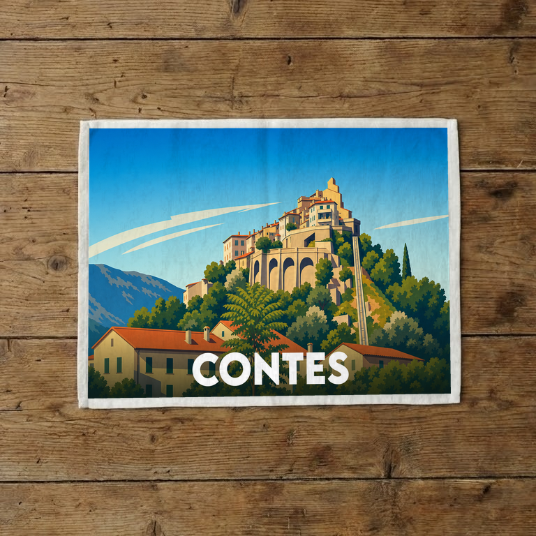 Torchon souvenir de la ville de Contes avec une illustration stylisée d'un village perché.
